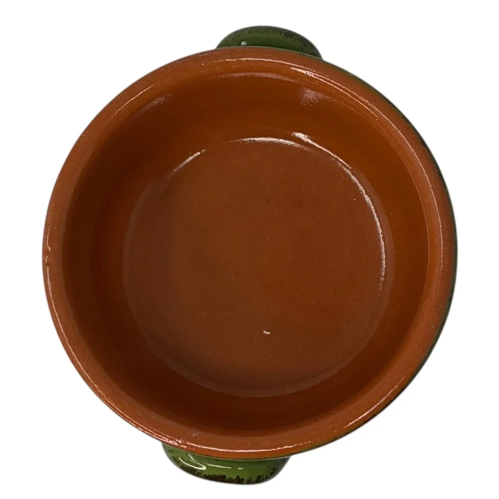 Vintage De Silva Italy Green Terracotta Soup Bowl Crock w Handles Majolica